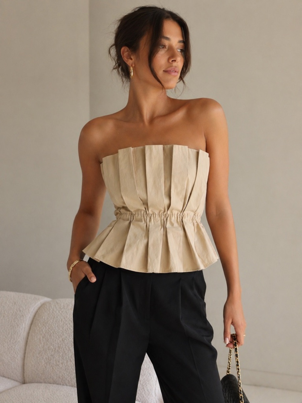 DO+BE Neutral Beige Strapless Pleated Peplum Top